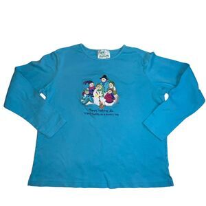 The Quacker Factory T-shirt Womens Large Blue Holiday Winter Snowmen Long Sleeve